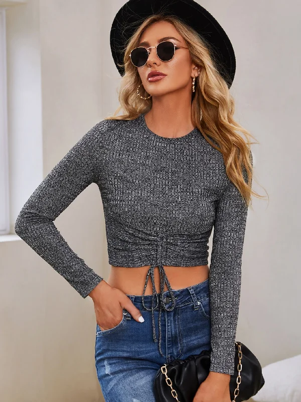 Casual Marble Ruched Long Sleeve Round Neck Asymmetrical Crop Women T-Shirt