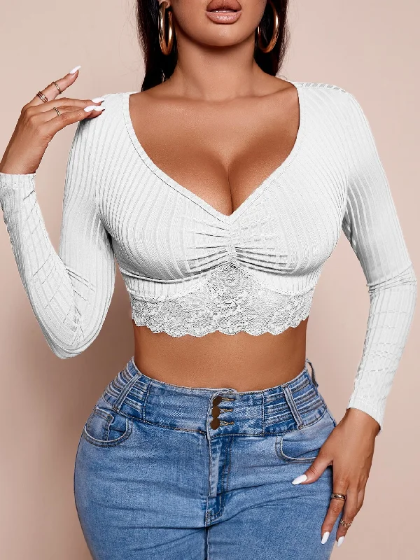 Sexy Plain Contrast Lace Long Sleeve Sweetheart Crop Women T-Shirt