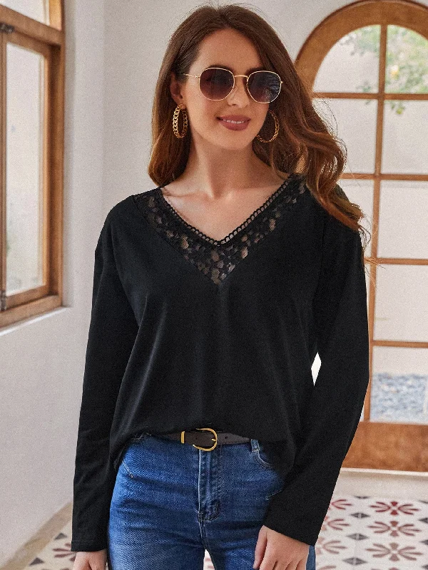 Casual Plain Contrast Lace Long Sleeve V Neck Regular Women T-Shirt